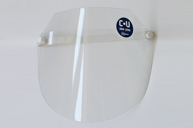 Product Picture of PET Protective Face Shield with Elastic Band in white. 